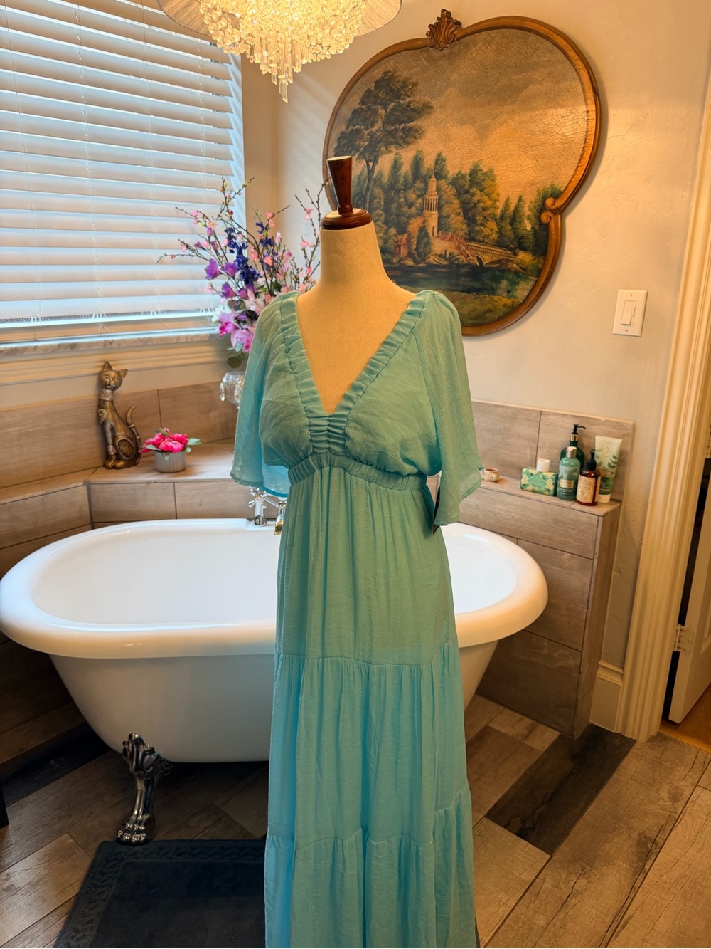 NWT Boston Proper Aqua Tiered Maxi Dress with V-Neck Summer Goddess Lightweight - Picture 4 of 12